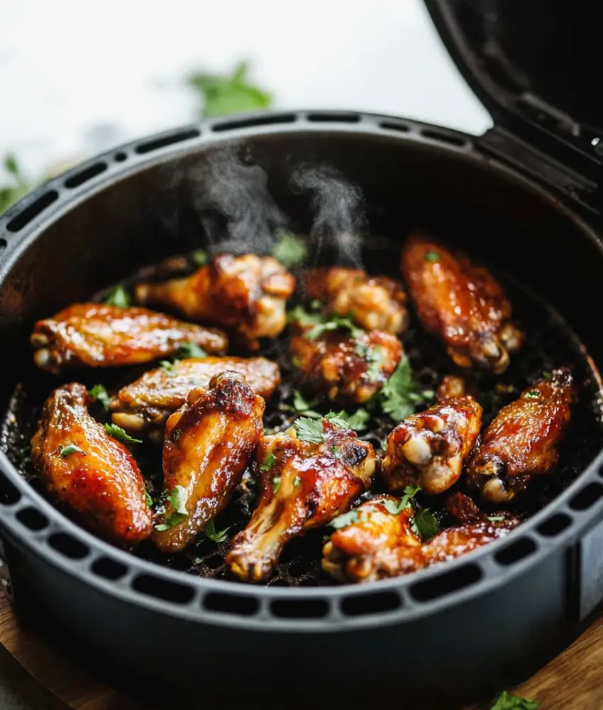 Freshly cooked chicken wings in an air fryer, glazed with sauce and garnished with cilantro, with steam rising from the hot wings.