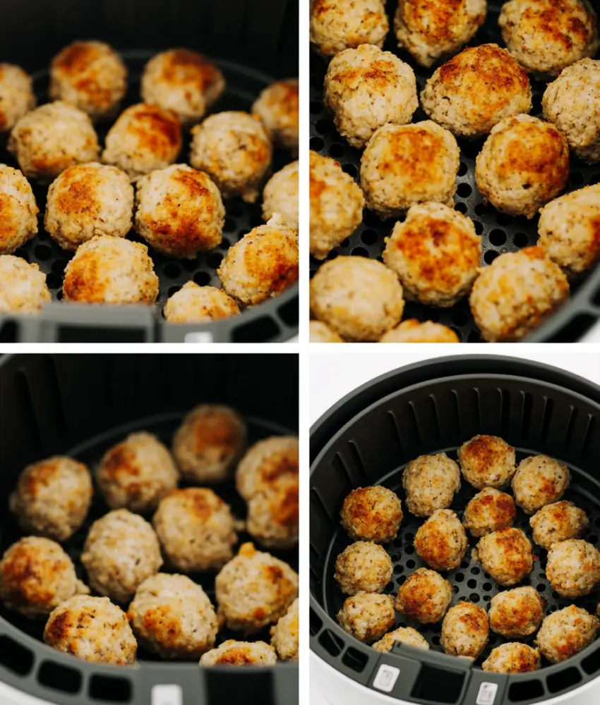 A collage of four images showing meatballs being cooked in an air fryer, from raw to golden brown.