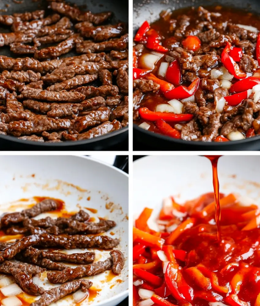 Four images showing the steps of a stir-fry recipe: browning beef strips, adding red bell peppers and onions, cooking in a skillet, and pouring sauce over the mixture.