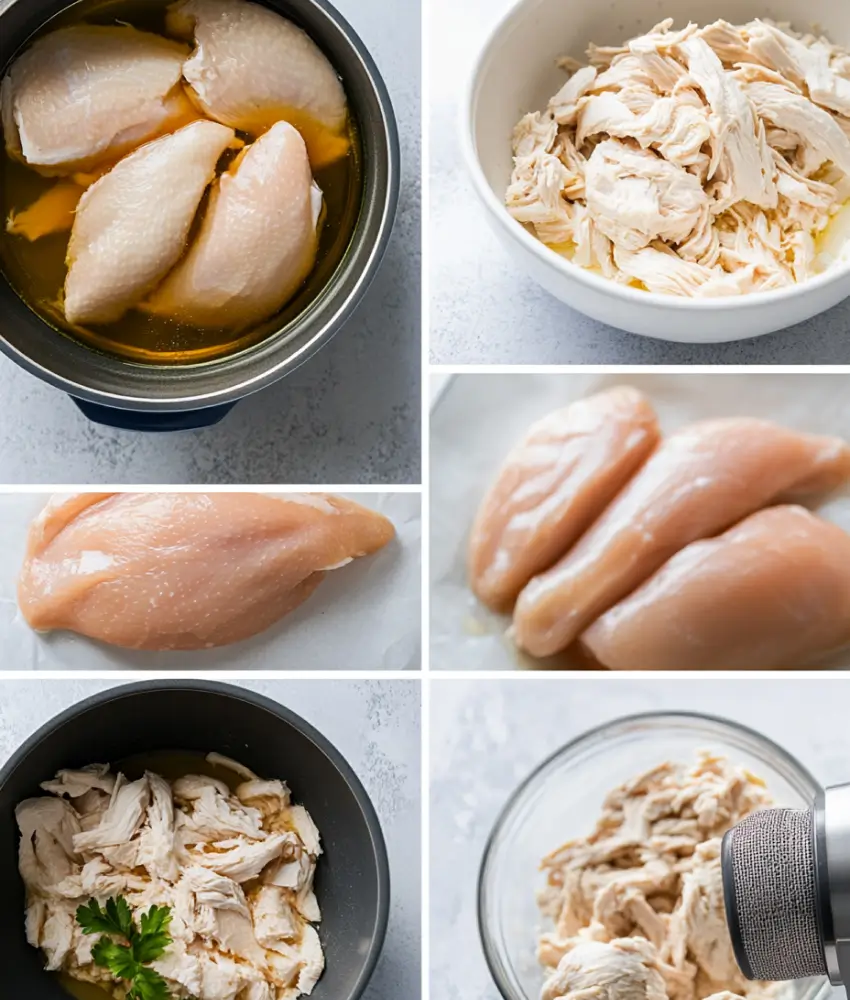 A collage of six images showing raw chicken breasts, boiling chicken, shredded chicken in bowls, and a mixer shredding chicken.