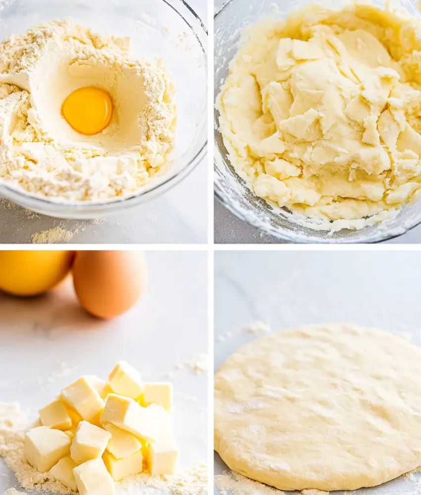 A four-panel collage showing the steps to make pastry dough. Top left: a cracked egg sits in a flour well. Top right: mixed dough in a glass bowl. Bottom left: cubed butter on a floured surface with eggs in the background. Bottom right: a smooth, flattened dough round ready for rolling.