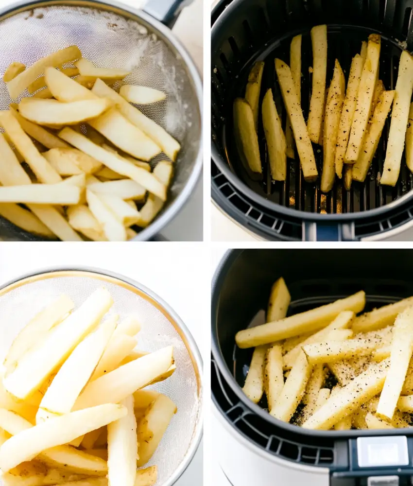 Four-step process of making air fryer home fries: soaking raw potato fries in water, seasoning them with spices, and placing them into the air fryer basket for cooking.