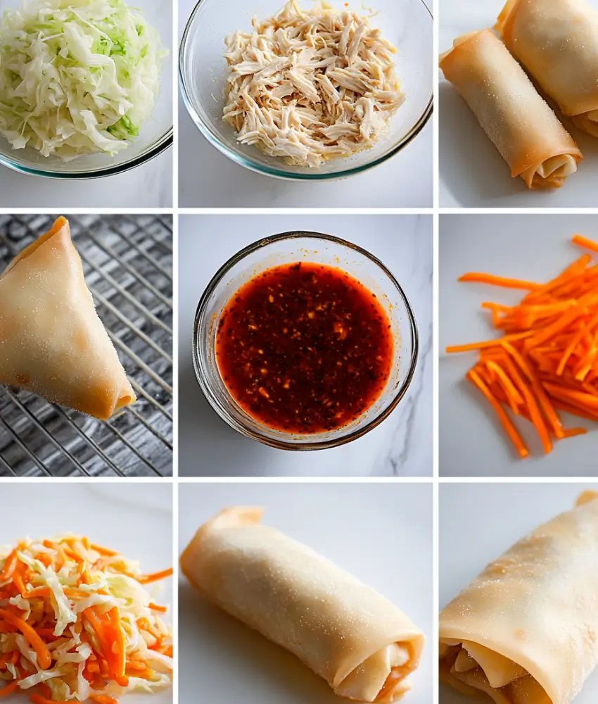 A step-by-step collage showing the process of making buffalo chicken egg rolls, including shredded cabbage, cooked chicken, buffalo sauce, egg roll wrappers, shredded carrots, and the assembly process.