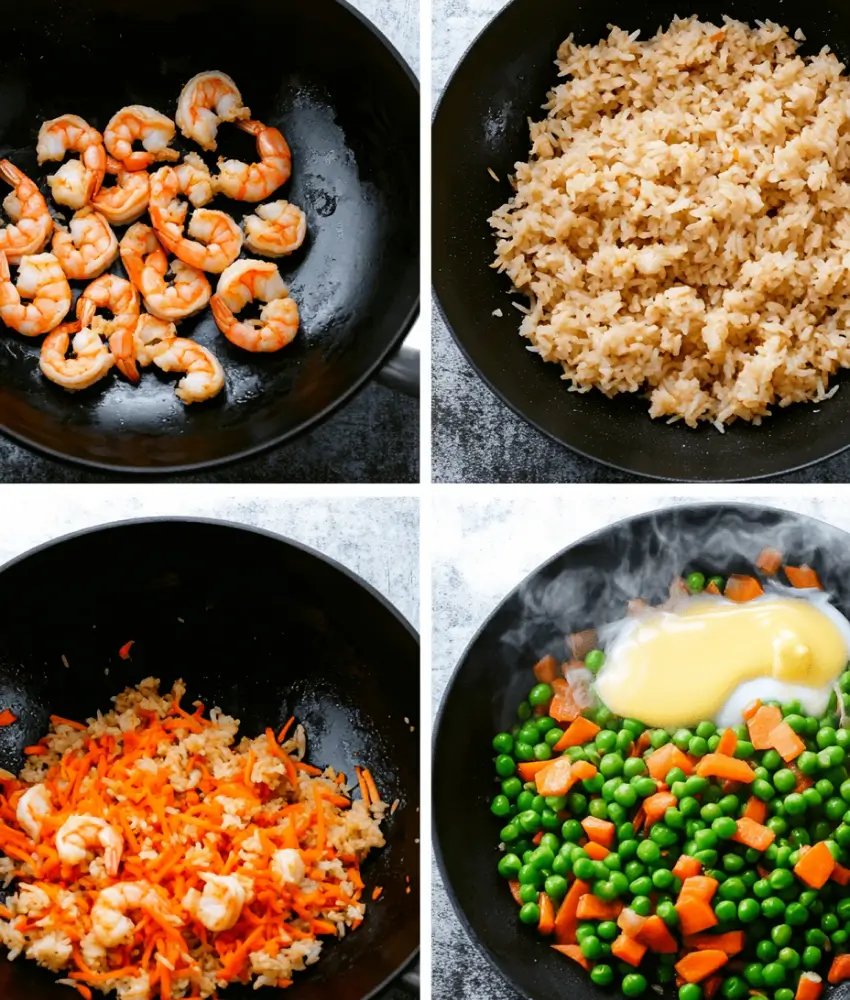 A collage of four steps for making shrimp fried rice: cooking shrimp, frying rice, adding carrots, and peas with egg.