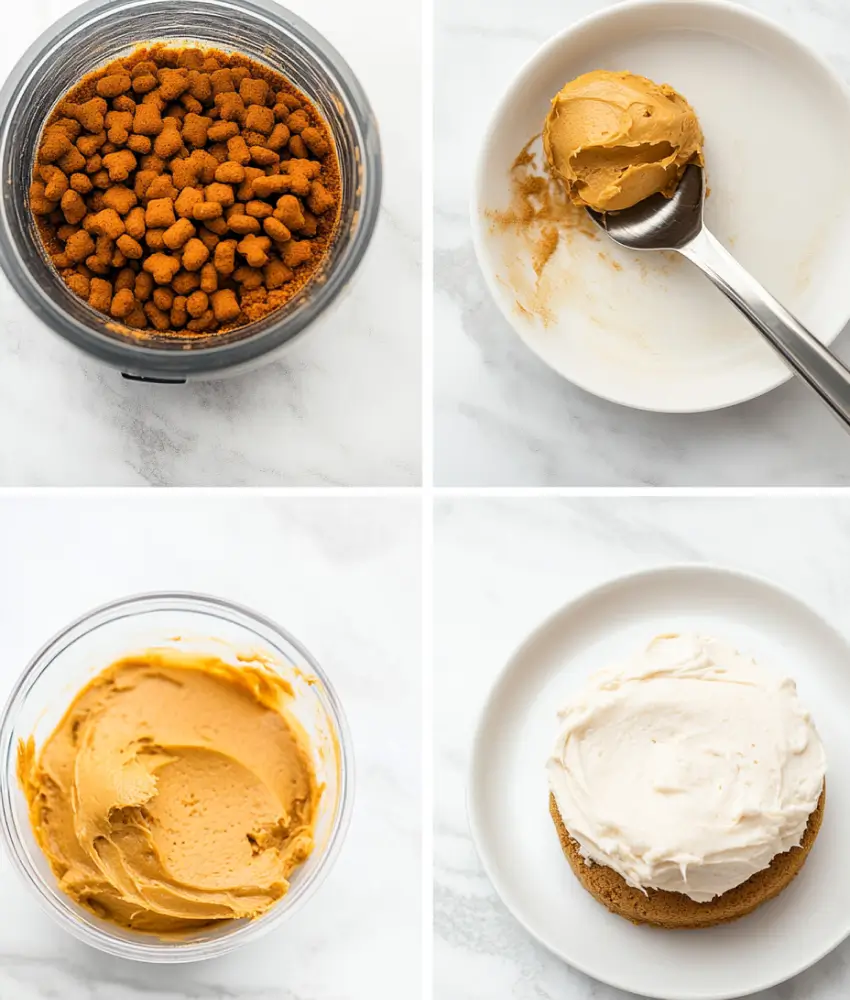 A four-step collage showing the process of making a cat cake: ground cat kibble in a blender, peanut butter on a spoon, blended cake batter, and a frosted cake on a white plate.