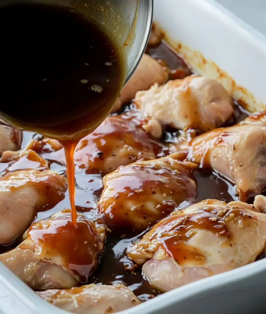 a close-up of raw chicken thighs in a baking dish being coated with a rich, glossy Huli Huli sauce poured from a bowl. The dark, thick sauce glistens as it covers the chicken, preparing the dish for cooking with a flavorful Hawaiian-inspired glaze.