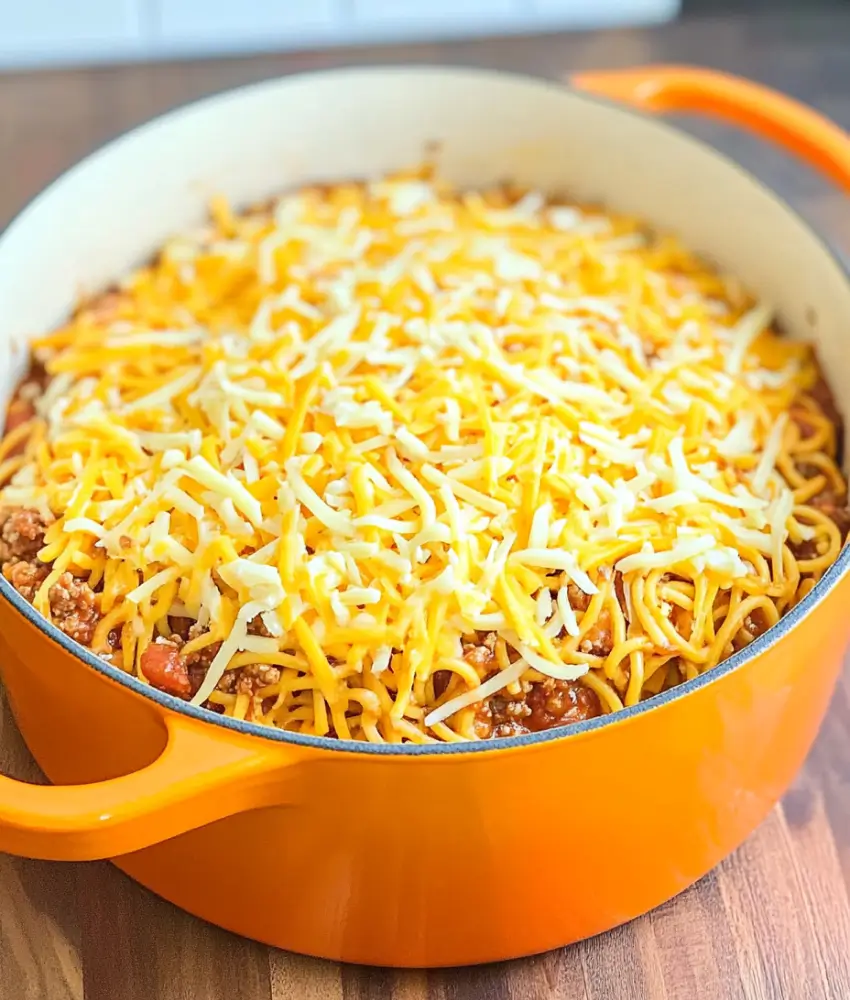 Show an unbaked casserole of spaghetti with cream cheese in an orange Dutch oven. The dish is topped generously with a mix of shredded cheddar and mozzarella cheese, ready to be baked into a golden, bubbly perfection.