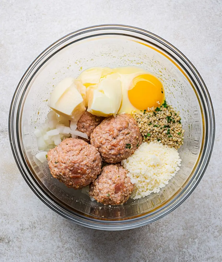 shows a glass mixing bowl filled with ingredients for making turkey meatballs, including ground turkey, an egg, breadcrumbs, grated cheese, diced onions, and chunks of what appears to be bread or another binding ingredient. The ingredients are not yet mixed, providing a clear view of the components used in the recipe.