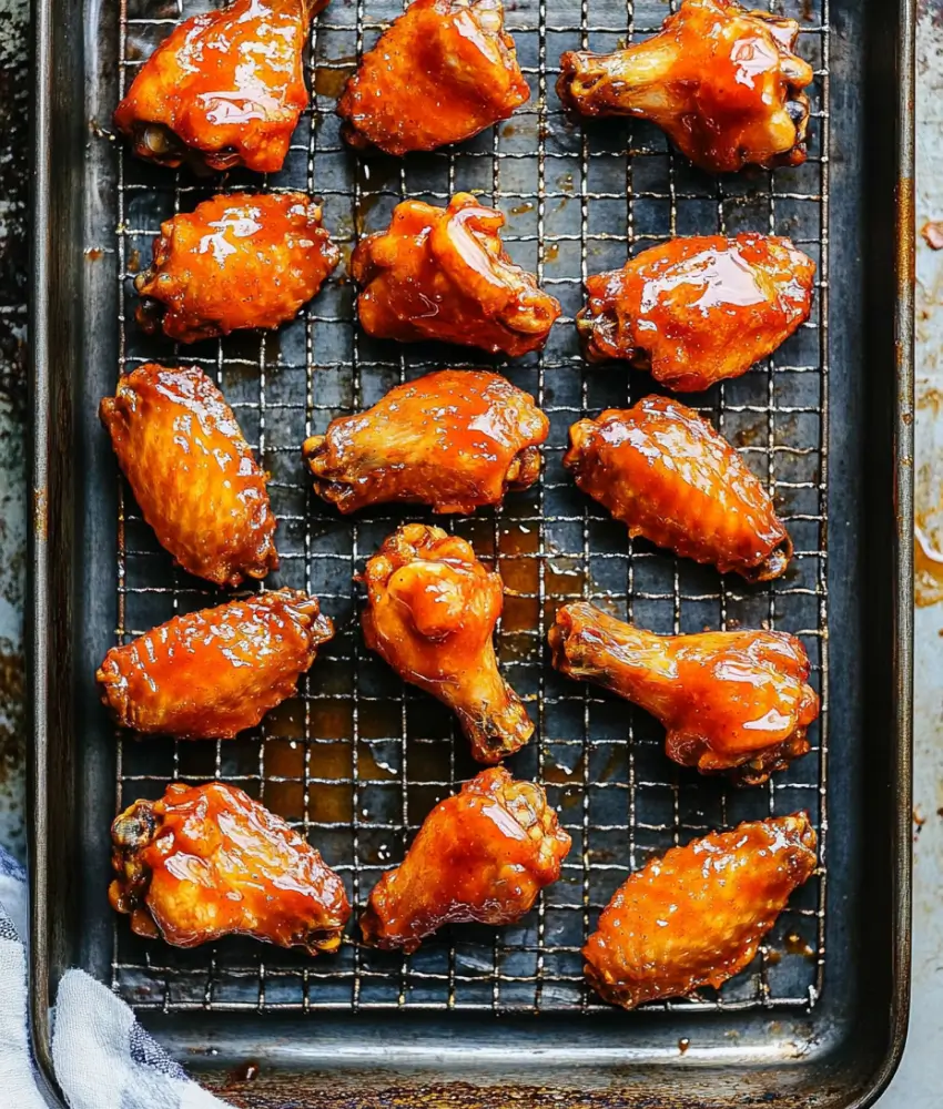 features a baking sheet lined with a wire rack holding evenly spaced honey buffalo wings. The wings are glazed in a shiny orange sauce, showcasing a perfect caramelization from baking. The setup highlights a step in the cooking process, offering a crisp yet juicy result.