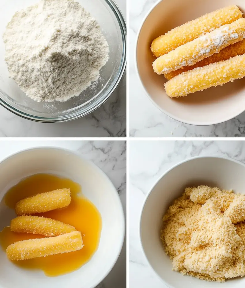 A collage showing the breading process for fish sticks, including bowls of flour, beaten eggs, and breadcrumbs.