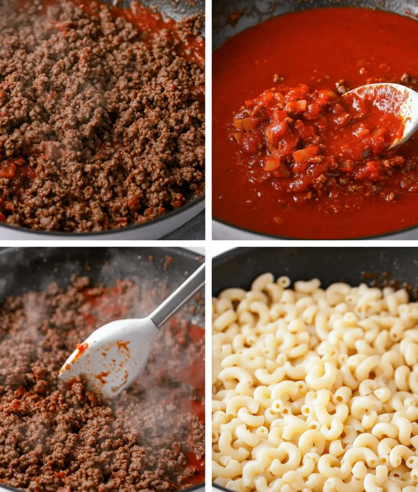 Collage of cooking steps: browning ground beef, simmering tomato sauce, mixing beef with sauce, and cooked macaroni pasta in a skillet.