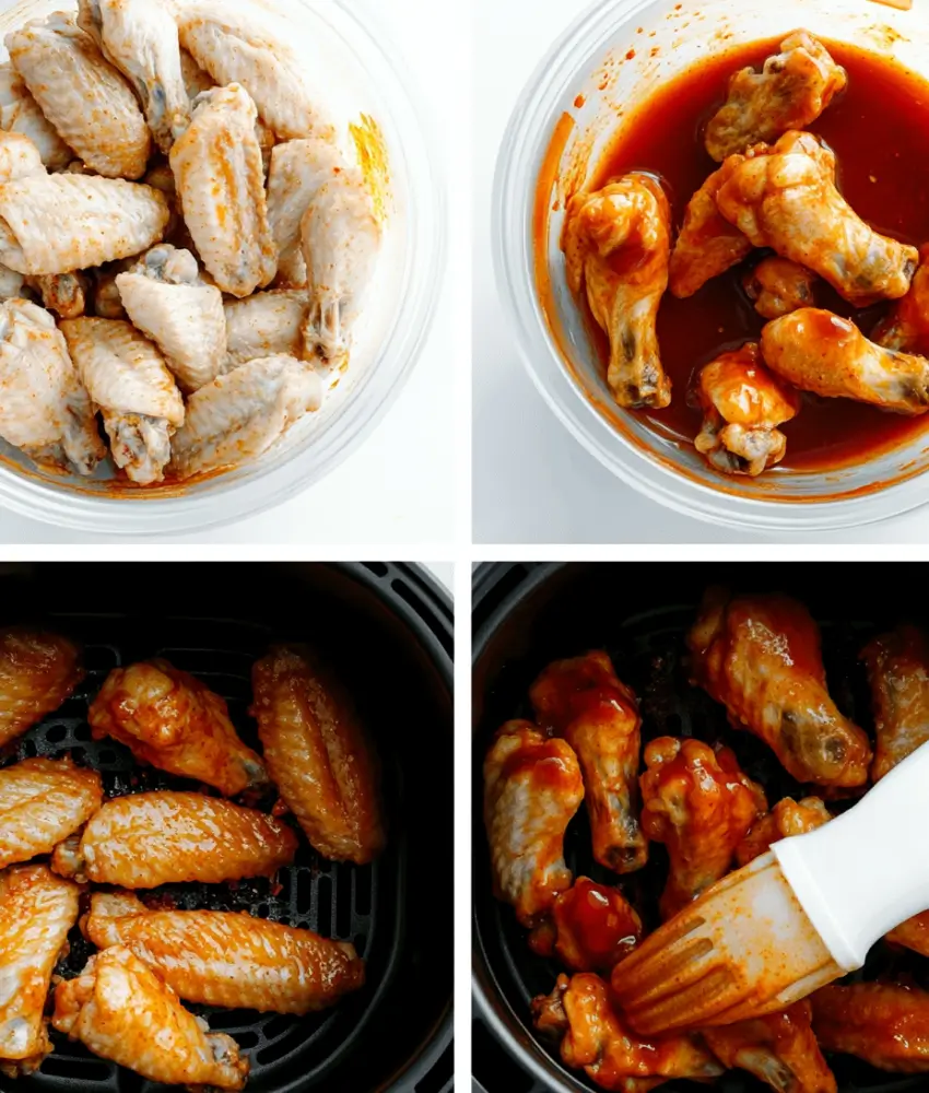 Four-step collage showing raw chicken wings, wings coated in sauce, wings placed in an air fryer basket, and wings being brushed with sauce after cooking.