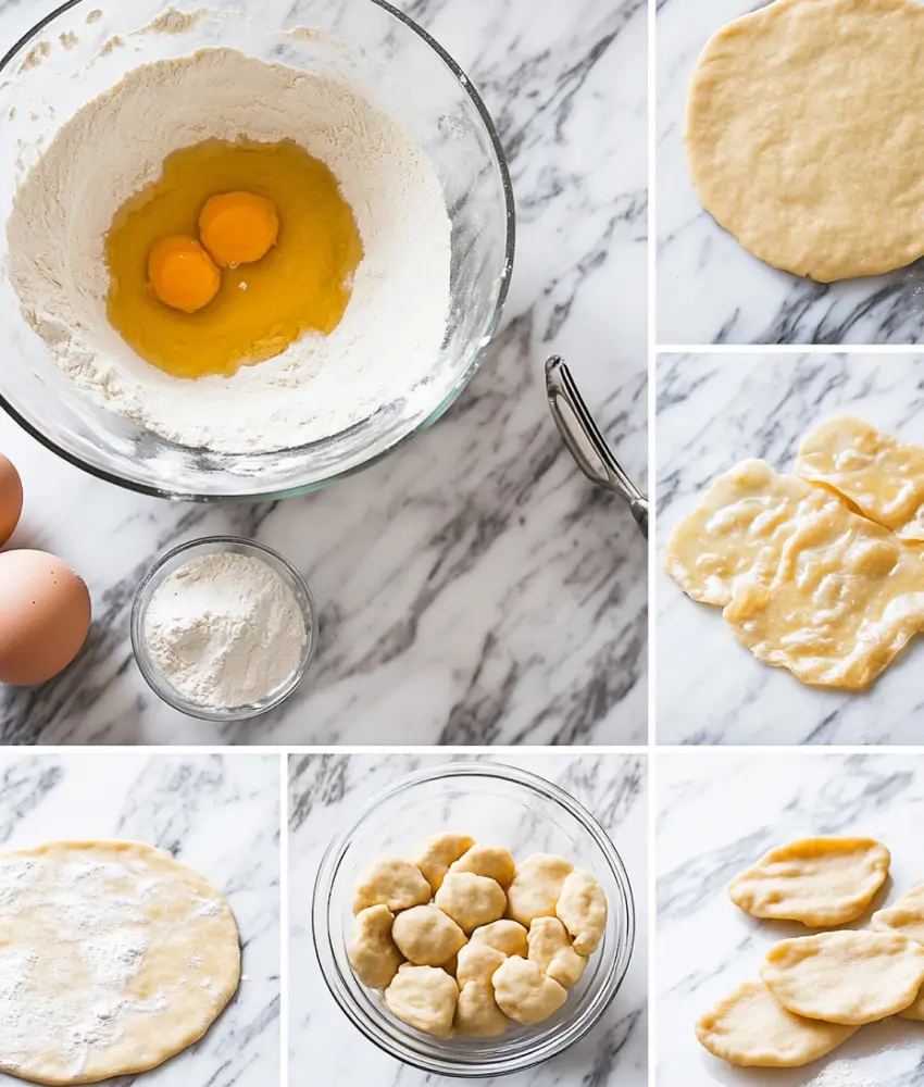 A collage showing the step-by-step preparation of Mexican buñuelos, including mixing dough ingredients, shaping, and flattening dough rounds on a marble countertop.