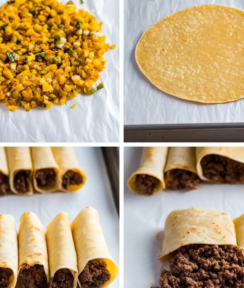 A four-step collage showing the preparation of beef taquitos, including seasoned filling, tortillas, rolling, and assembling on parchment paper.