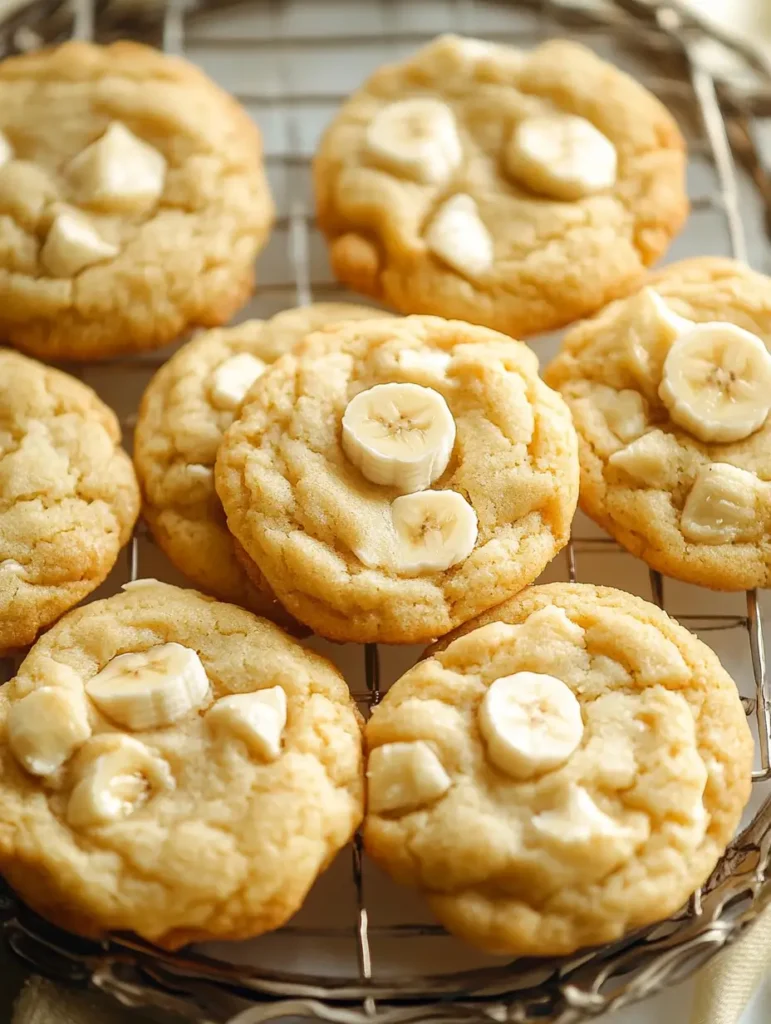 A batch of banana pudding cookies topped with banana slices and white chocolate chips, cooling on a wire rack.