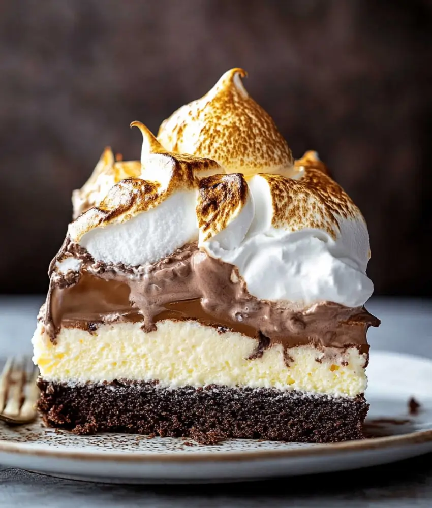 A slice of Baked Alaska featuring a sponge cake base, rich chocolate ice cream, and toasted peaks of meringue. A fork rests on the plate, adding to the inviting presentation.