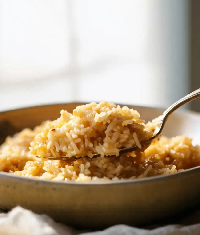 shows a bowl of "stick of butter rice," with a spoon lifting a portion of the moist, golden-brown rice. The dish has a rich, buttery sheen, highlighting its creamy texture, and is set against a softly lit background for a warm and inviting feel.