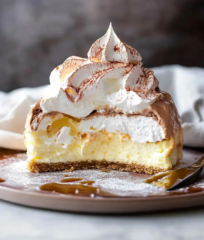 A close-up of a slice of Baked Alaska with sponge cake, a layer of chocolate and coffee ice cream, and torched meringue swirls on top. The dessert is plated against a neutral background, highlighting its elegant layers.