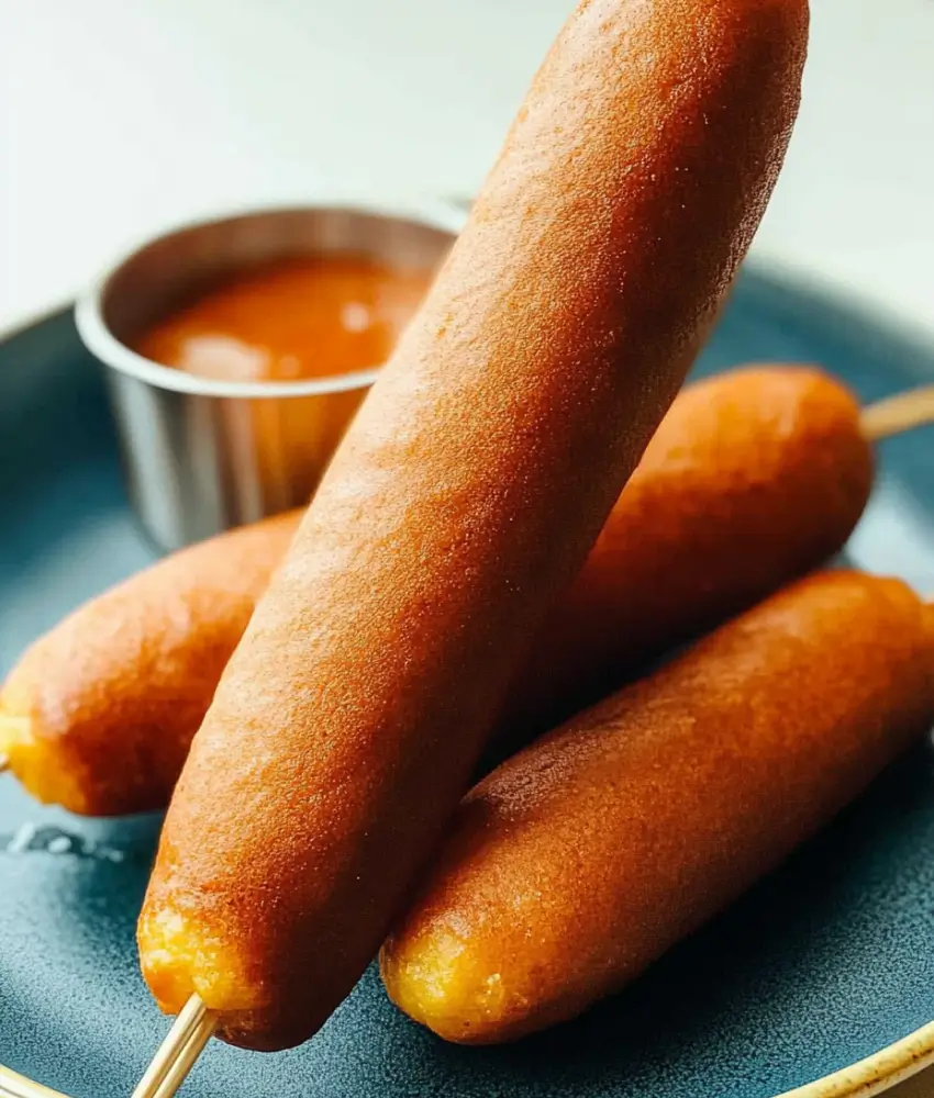 Close-up of three golden-brown corn dogs on a plate, served with a dipping sauce.