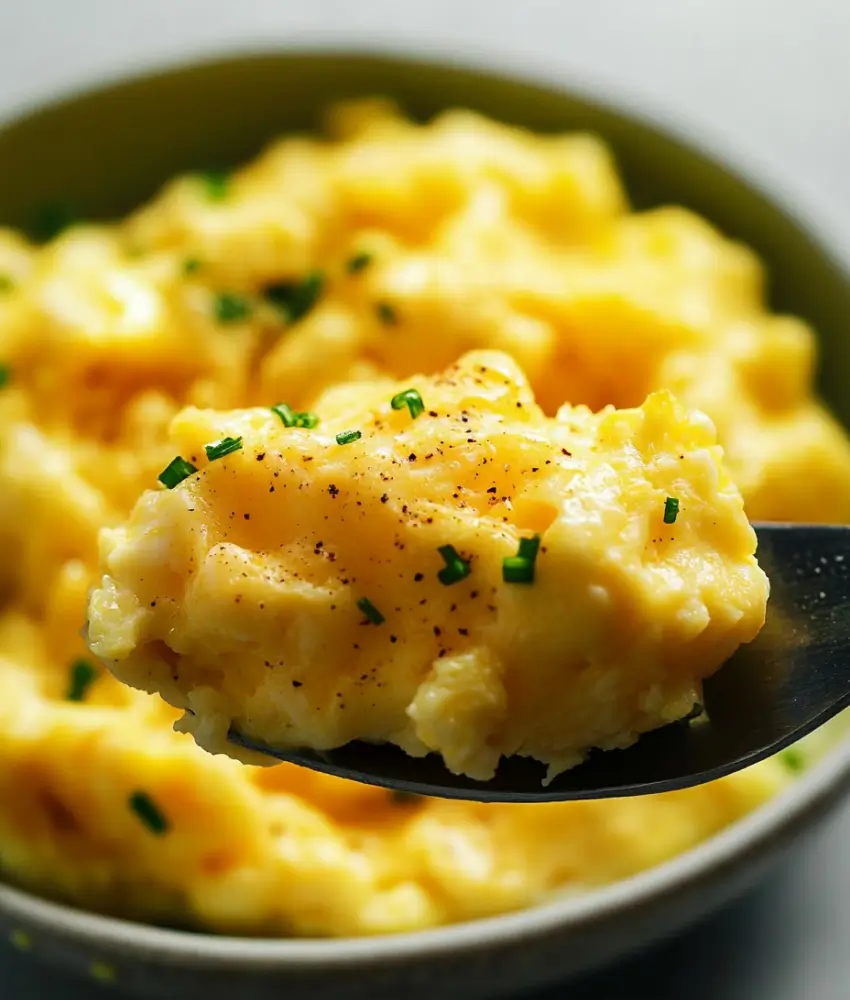 highlights a spoonful of creamy scrambled eggs garnished with fresh chives and a sprinkle of black pepper, held above a bowl filled with the same dish. The eggs look fluffy and rich, showcasing the perfect texture for a baked scrambled egg recipe