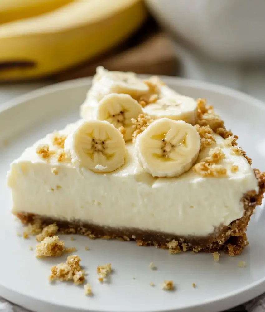 A slice of banana cheesecake topped with banana slices and graham cracker crumbs, served on a white plate with bananas in the background.