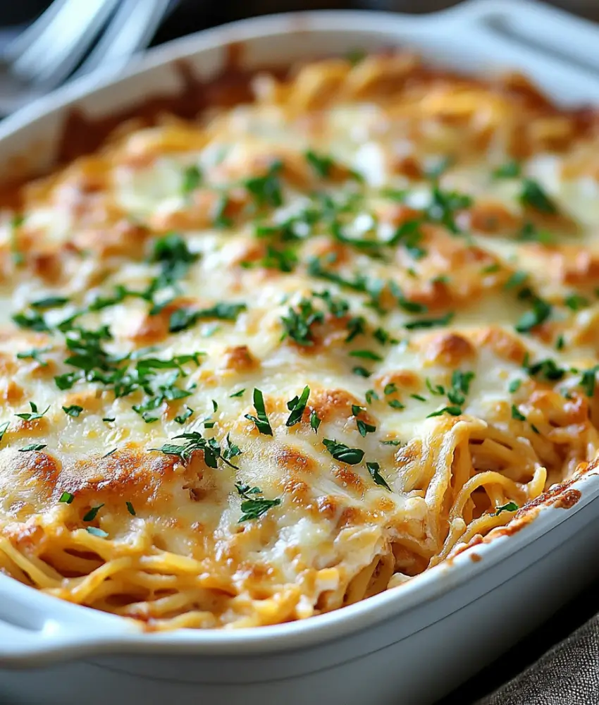 Display a perfectly baked spaghetti with cream cheese casserole in a white baking dish. The top layer features golden, bubbly cheese, garnished with fresh parsley for a vibrant finish, showcasing the creamy, cheesy, and hearty layers beneath.