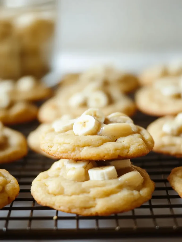 A close-up view of banana pudding cookies topped with banana slices and white chocolate chips on a cooling rack.