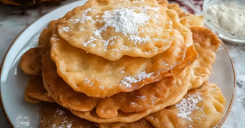 A plate of golden-brown Mexican buñuelos topped with powdered sugar, served on a white plate with a rustic background.