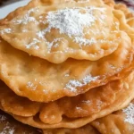 A plate of golden-brown Mexican buñuelos topped with powdered sugar, served on a white plate with a rustic background.