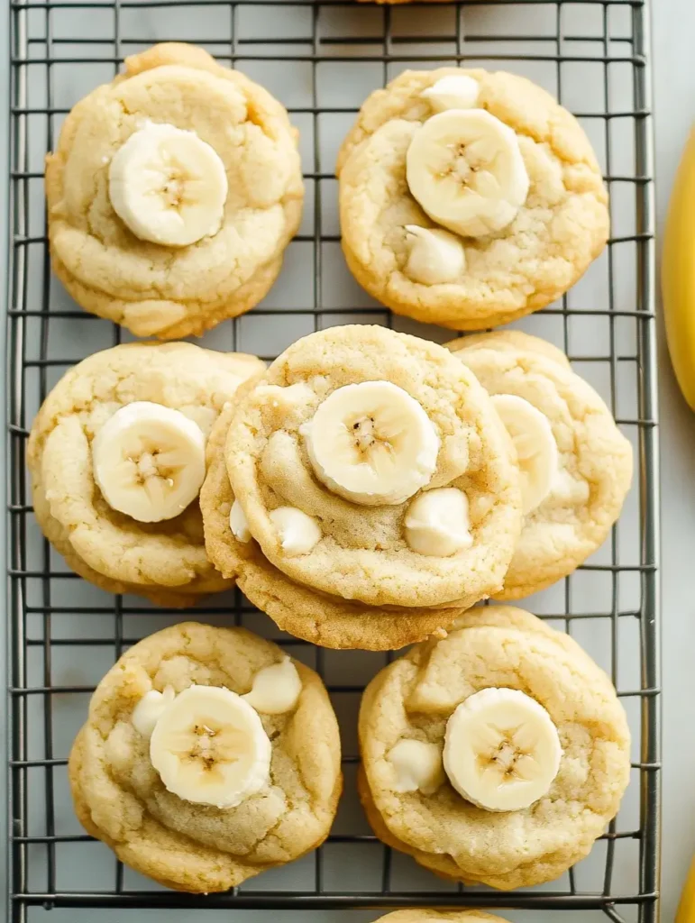 A top-down view of banana pudding cookies with fresh banana slices and white chocolate chips on a cooling rack.