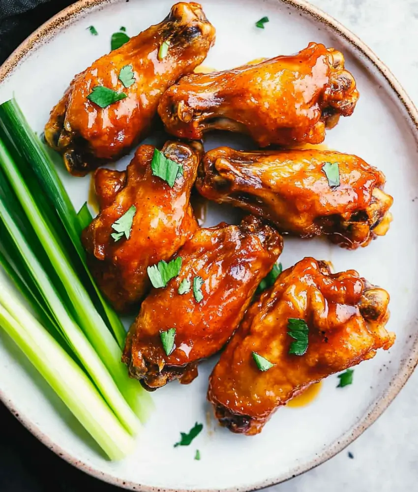 image displays a plate of honey buffalo wings, glistening with a vibrant orange sauce and garnished with fresh parsley. The wings are paired with crisp green celery sticks on the side, making for a visually appealing and delicious appetizer.