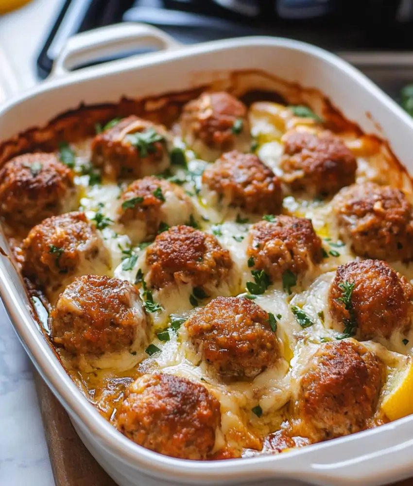 This image shows a baked dish featuring golden-brown turkey meatballs topped with melted cheese and sprinkled with fresh parsley. The meatballs are nestled in a savory sauce, with visible caramelized edges adding to the appetizing look.