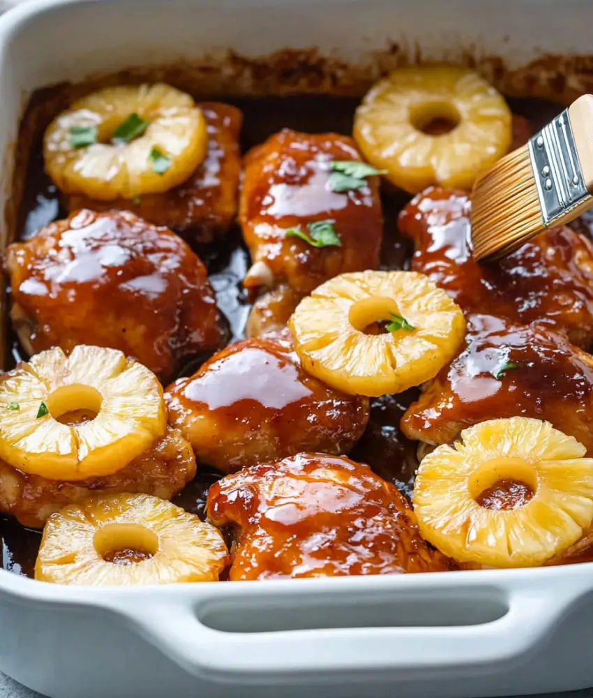 features a baking dish filled with Huli Huli Chicken, showcasing cooked chicken thighs glazed in a rich, caramelized sauce and topped with slices of golden pineapple. A brush is seen applying more sauce, enhancing the glossy, flavorful finish of this Hawaiian-inspired dish. Fresh garnishes add a vibrant touch to the presentation.