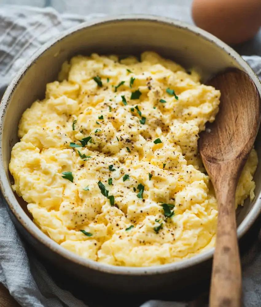 depicts a bowl of creamy scrambled eggs topped with fresh herbs and cracked black pepper. A wooden spoon rests inside the bowl, hinting at a homemade preparation. The soft texture and garnish make it a visually appealing dish.