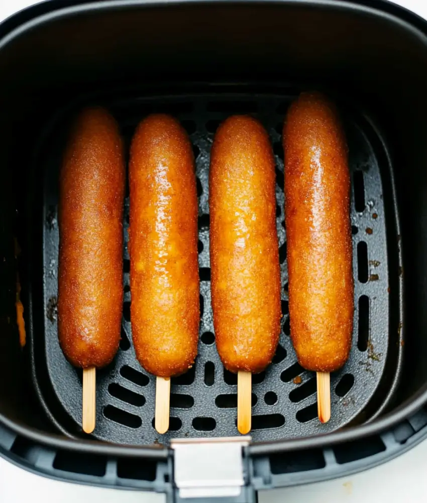 Four evenly browned corn dogs inside an air fryer basket after cooking.