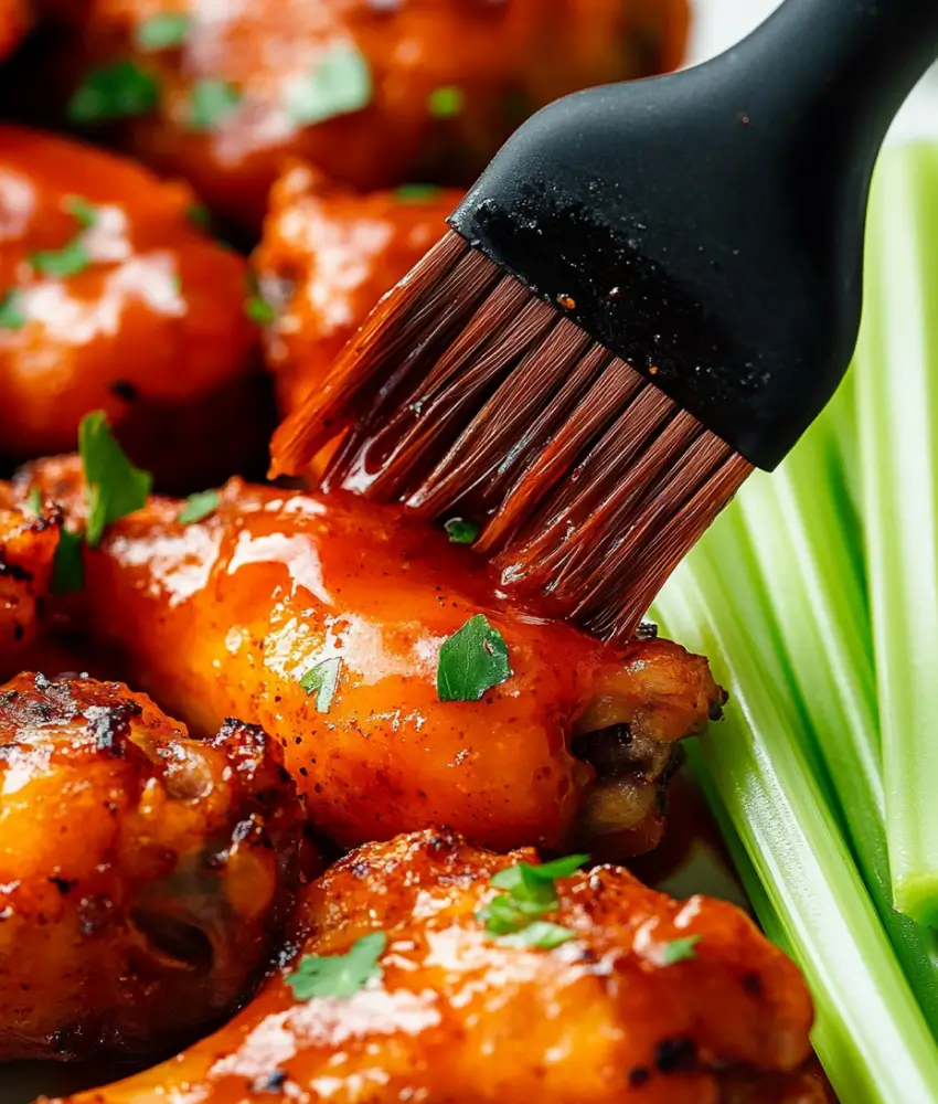 image captures a close-up of a basting brush applying a glossy honey buffalo sauce to a chicken wing, adding a fresh layer of flavor. The wing is garnished with parsley and sits next to crisp celery sticks, highlighting the combination of spicy, sweet, and refreshing elements.