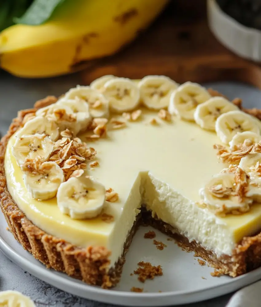 A slice of banana cheesecake topped with banana slices and graham cracker crumbs, served on a white plate with bananas in the background.