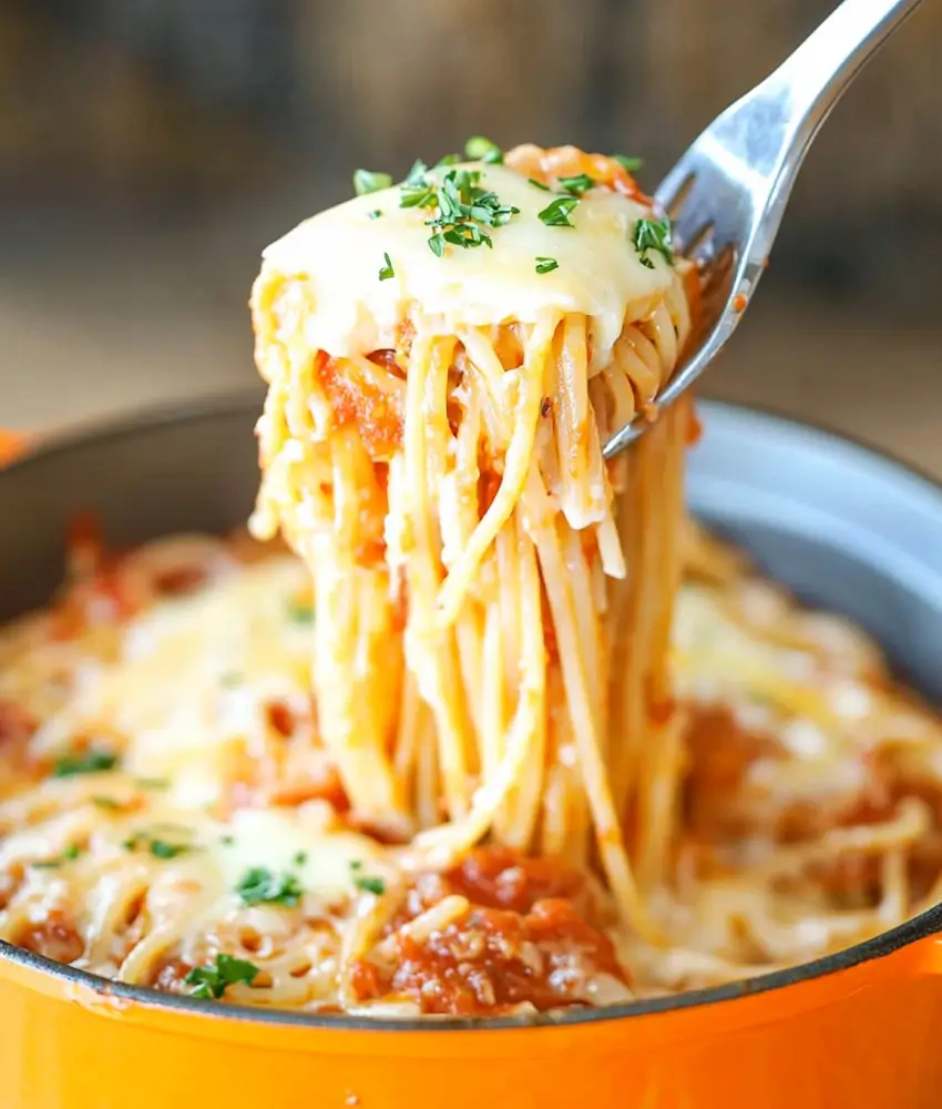 Capture a forkful of baked spaghetti with cream cheese lifted from an orange Dutch oven. The spaghetti is coated in marinara sauce, topped with gooey melted cheese, and garnished with fresh herbs, showcasing a creamy, cheesy, and irresistible texture.