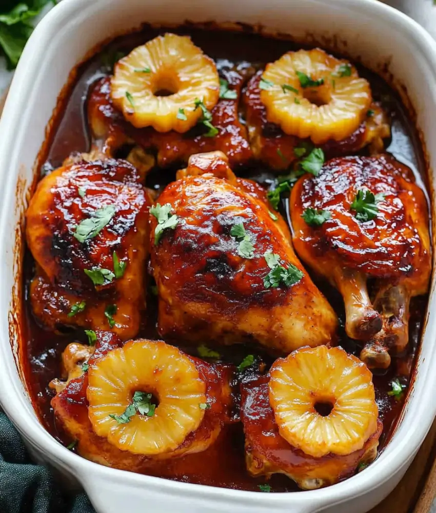 shows a mouthwatering dish of Huli Huli Chicken, featuring tender chicken thighs coated in a rich, caramelized glaze and topped with golden pineapple slices. Fresh herbs add a burst of color and flavor, while the sauce pools at the bottom, enhancing the dish’s vibrant and irresistible presentation.