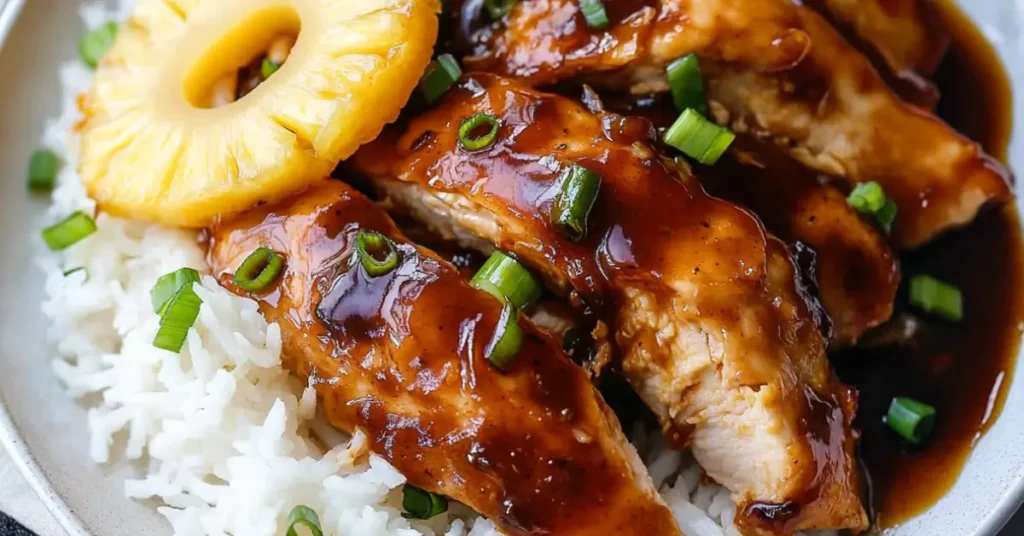 shows a close-up of a delicious Yummy Huli Huli Chicken dish featuring glazed chicken strips topped with fresh green onions, served over white rice, and garnished with a slice of pineapple. The rich, glossy sauce adds a mouthwatering appeal to the presentation.