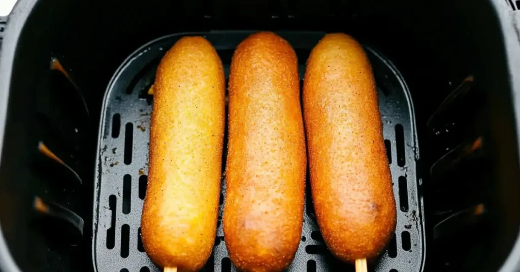 Three golden-brown corn dogs cooked in an air fryer basket.