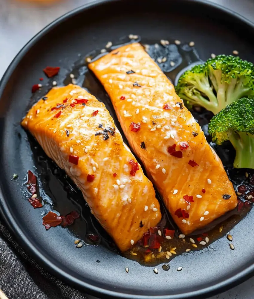 Two Bang Bang salmon fillets glazed in a sweet and spicy sauce, garnished with sesame seeds and red chilies, served on a black plate with steamed broccoli.