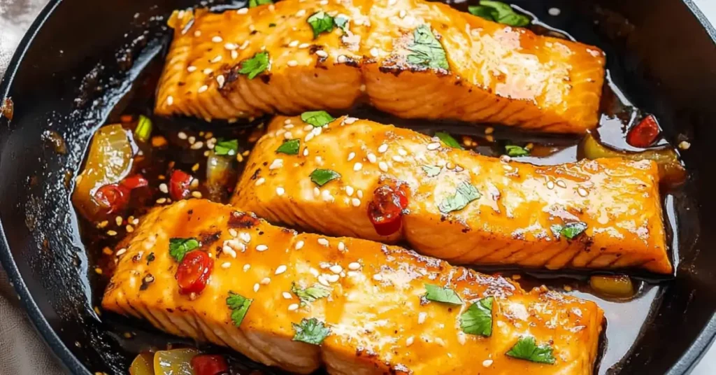 Three Bang Bang salmon fillets glazed in a sweet and spicy sauce, garnished with sesame seeds, fresh cilantro, and red chilies, served in a skillet.