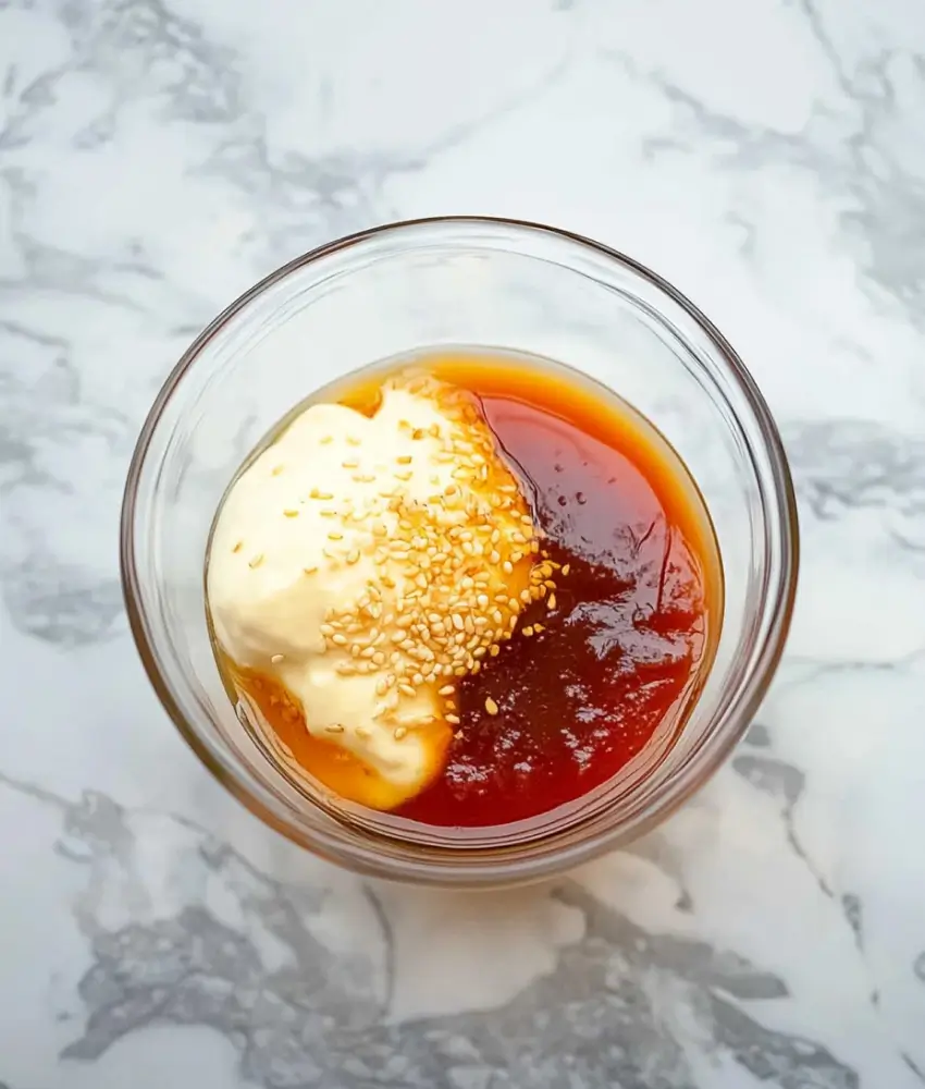 A glass bowl with Bang Bang sauce ingredients, including mayonnaise, sweet chili sauce, and sesame seeds, on a marble surface.