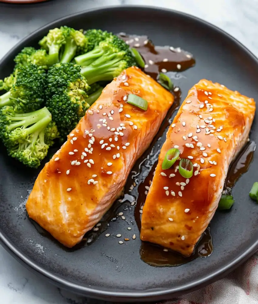 Two glazed salmon fillets topped with sesame seeds and scallions, served with a side of steamed broccoli on a black plate.