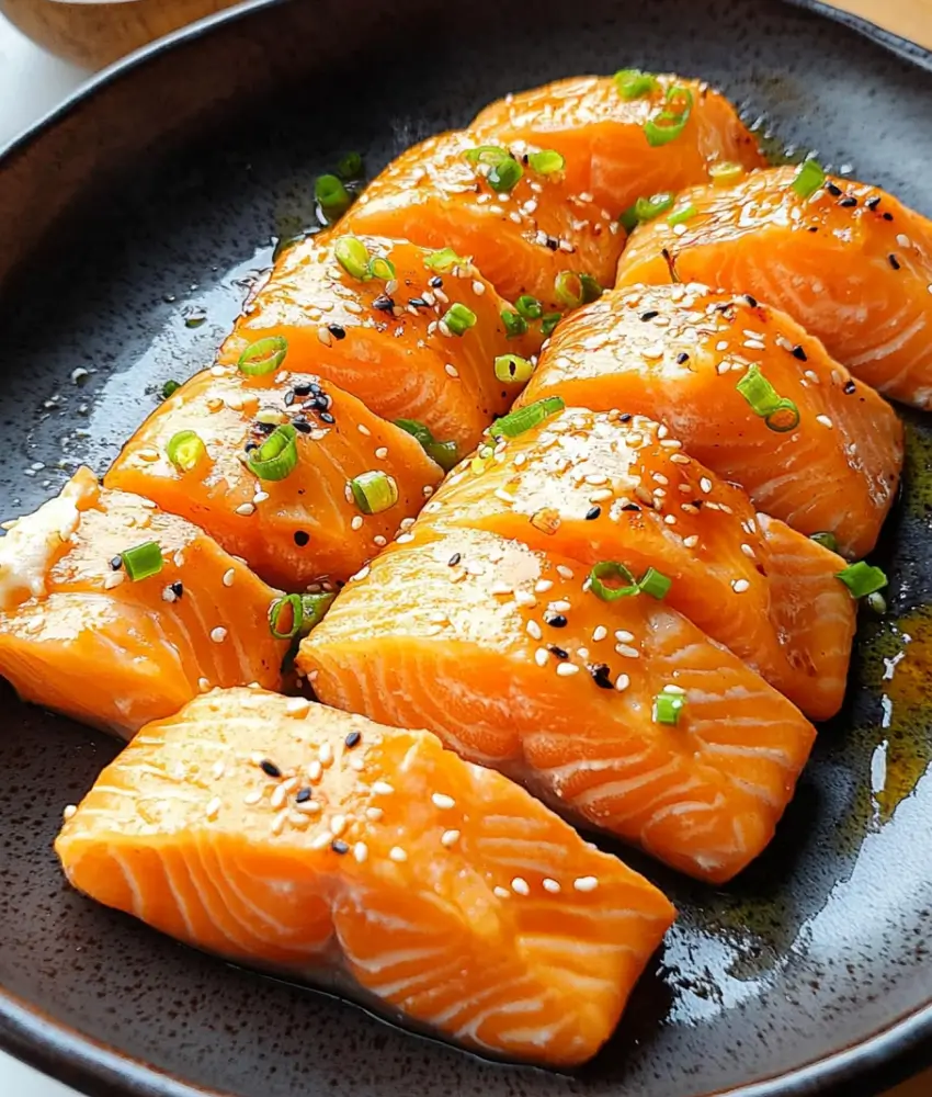 Slices of fresh marinated salmon, topped with sesame seeds, scallions, and a light glaze, served on a black plate.