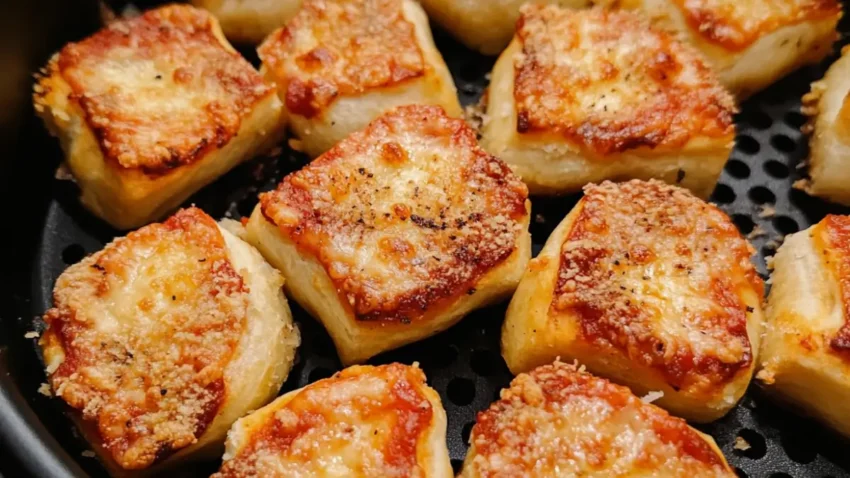 Close-up of golden brown frozen pizza bites cooked in an air fryer, topped with melted cheese and seasonings.