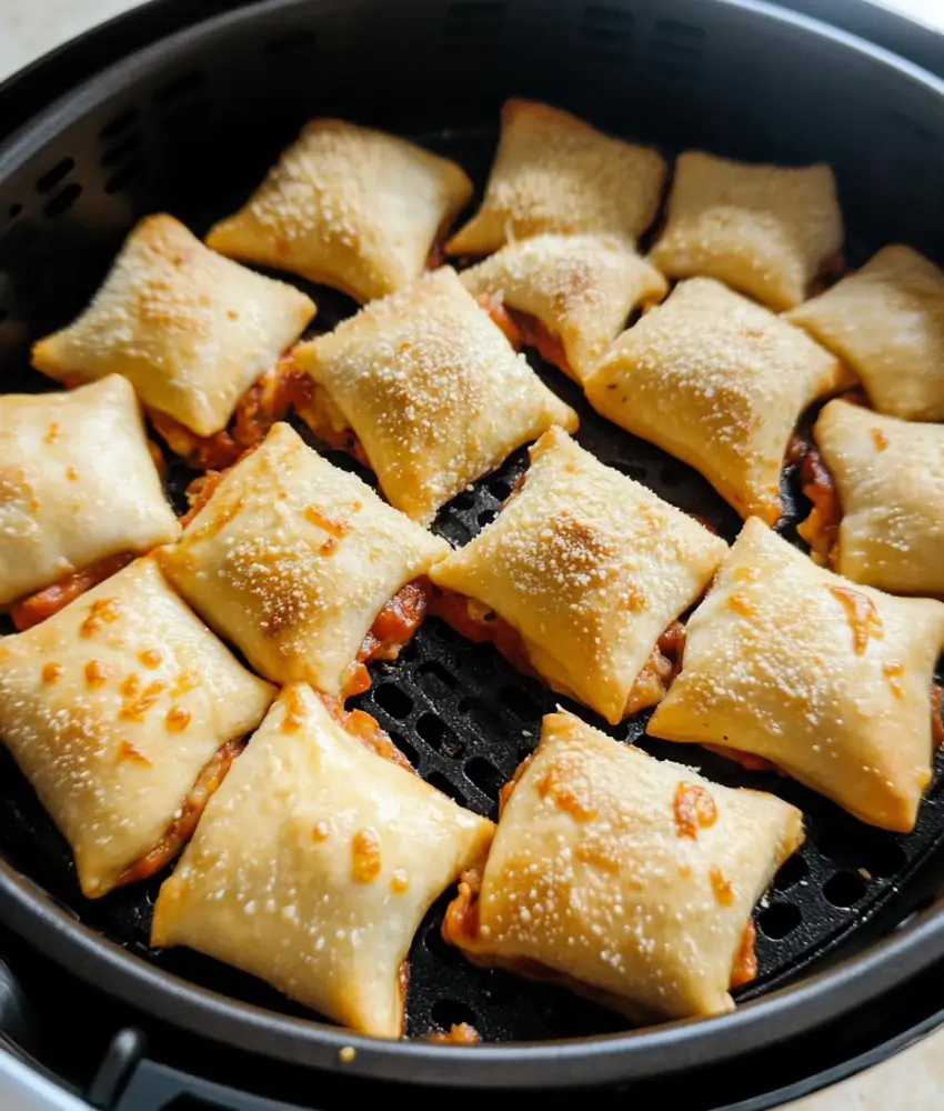 A batch of perfectly cooked pizza rolls in an air fryer, with golden edges and melted filling visible.