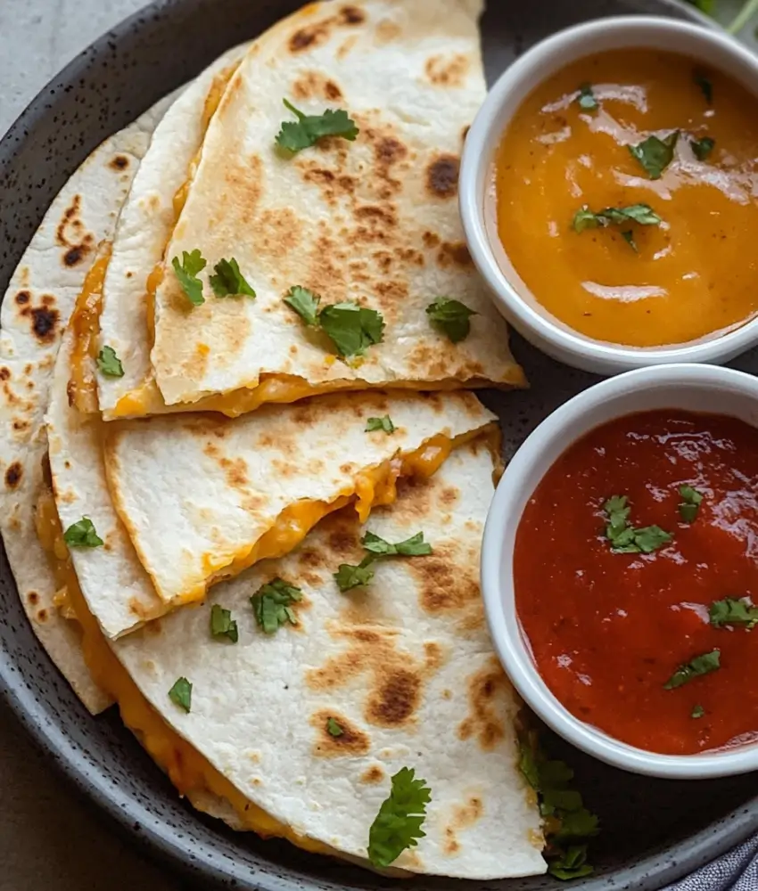 Air fryer quesadilla served in a black plate, garnished with cilantro and paired with two dipping sauces, one yellow and one red.