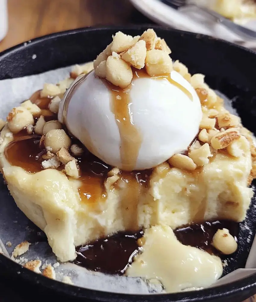 Skillet dessert from Applebee's with a cheesecake base, vanilla ice cream, caramel drizzle, and chopped nuts.